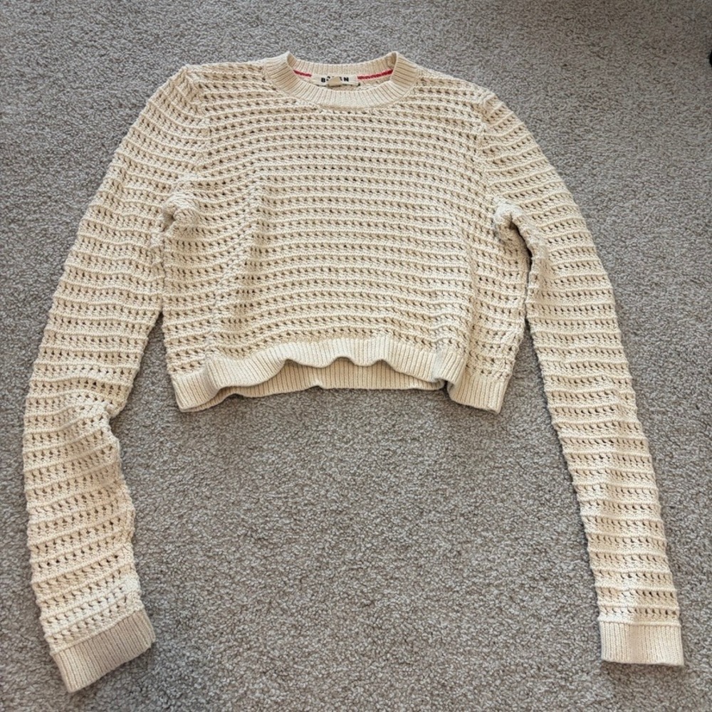 Boden Cropped Crochet Jumper Womens S Cream Open Knit Fisherman Layer Coastal